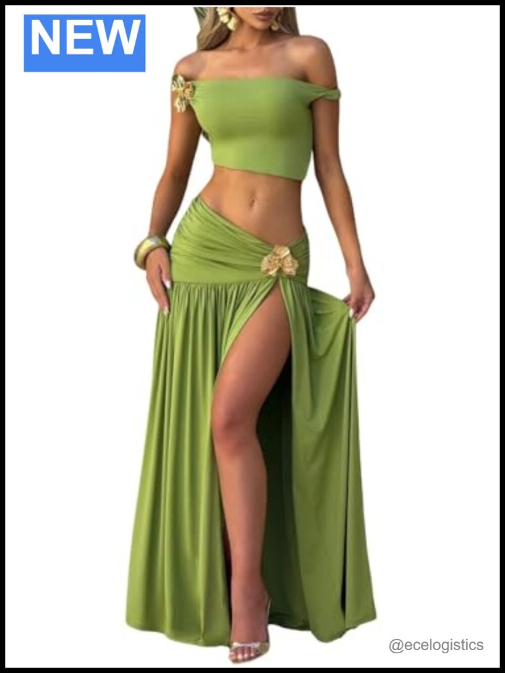 Women's 2 Piece Skirt Set Sleeveless Crop Top High Split Maxi Skirt Polyester